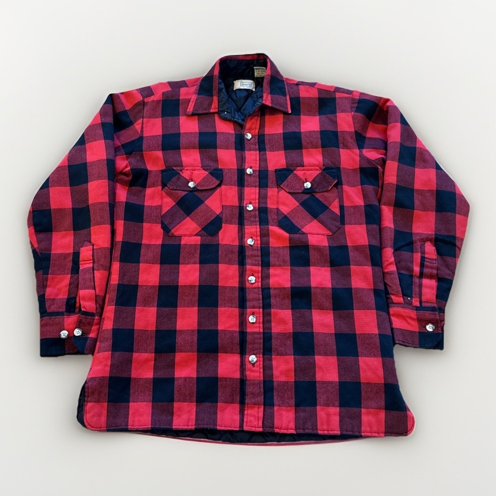 Vintage Sears‎ Flannel Shirt Mens M Nylon Buffalo Check Plaid 70s Shacket